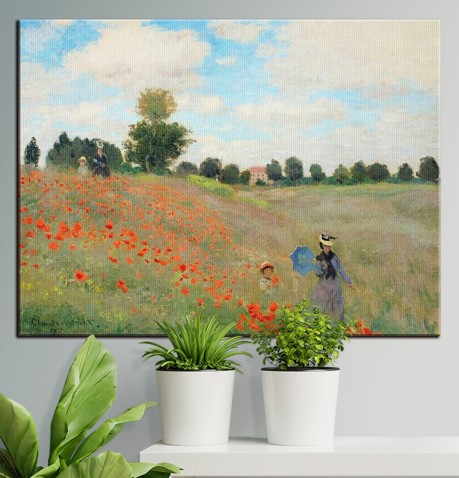Peinture de personnes marchant dans un champ de fleurs