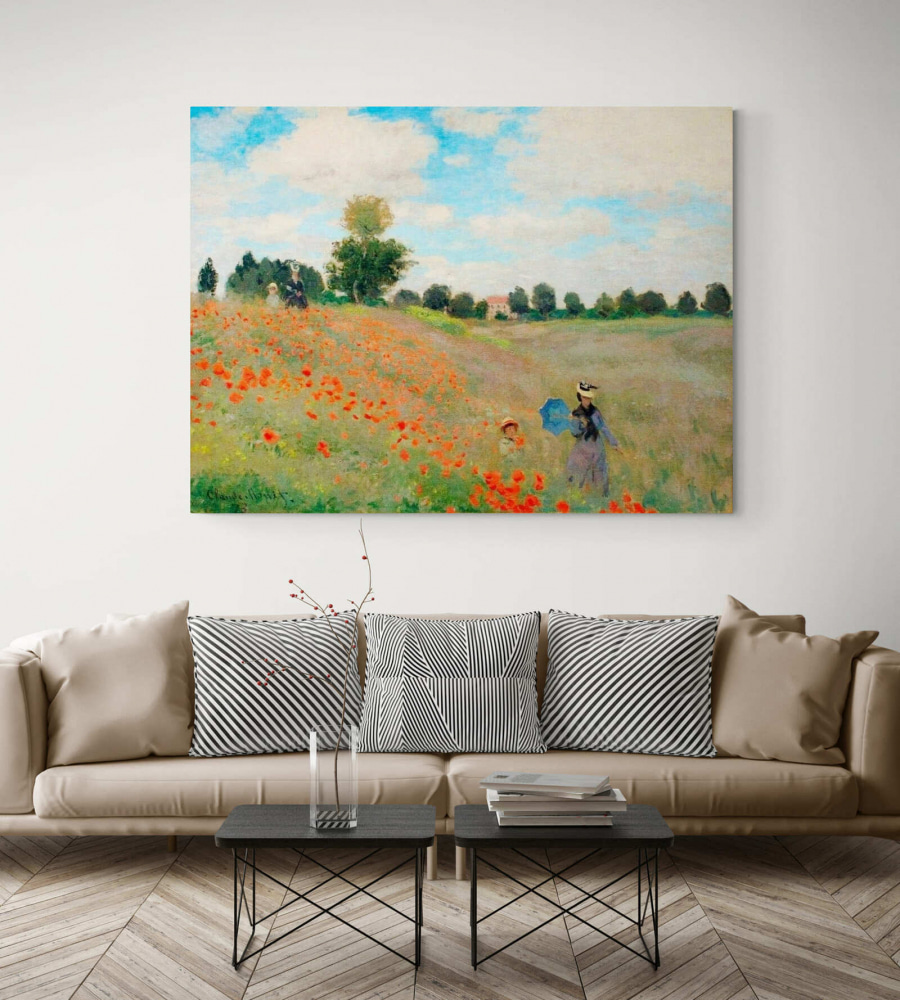 Peinture de personnes marchant dans un champ de fleurs