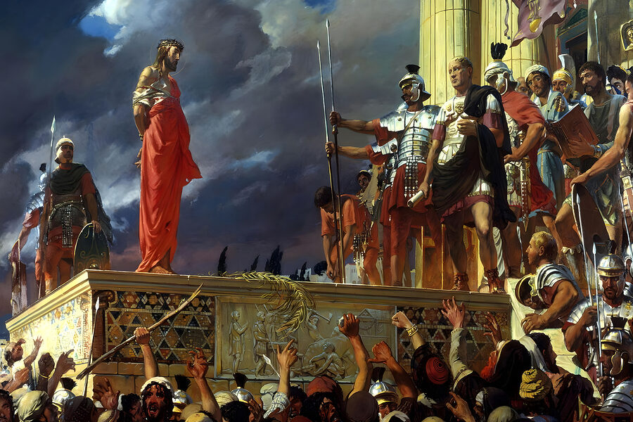 Peinture d'un homme vêtu d'une robe rouge se tenant sur une plate-forme avec une foule de personnes