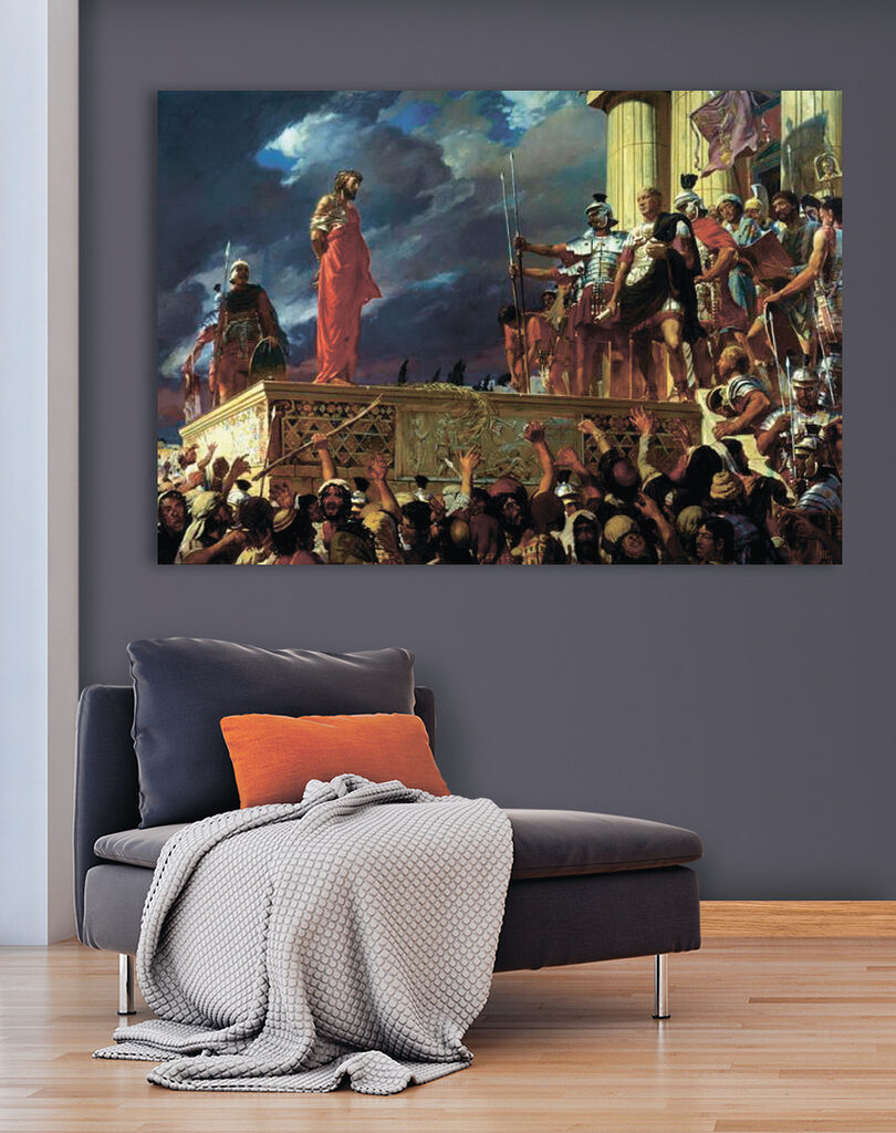 Painting of a man in a red robe standing on a platform with a crowd of people
