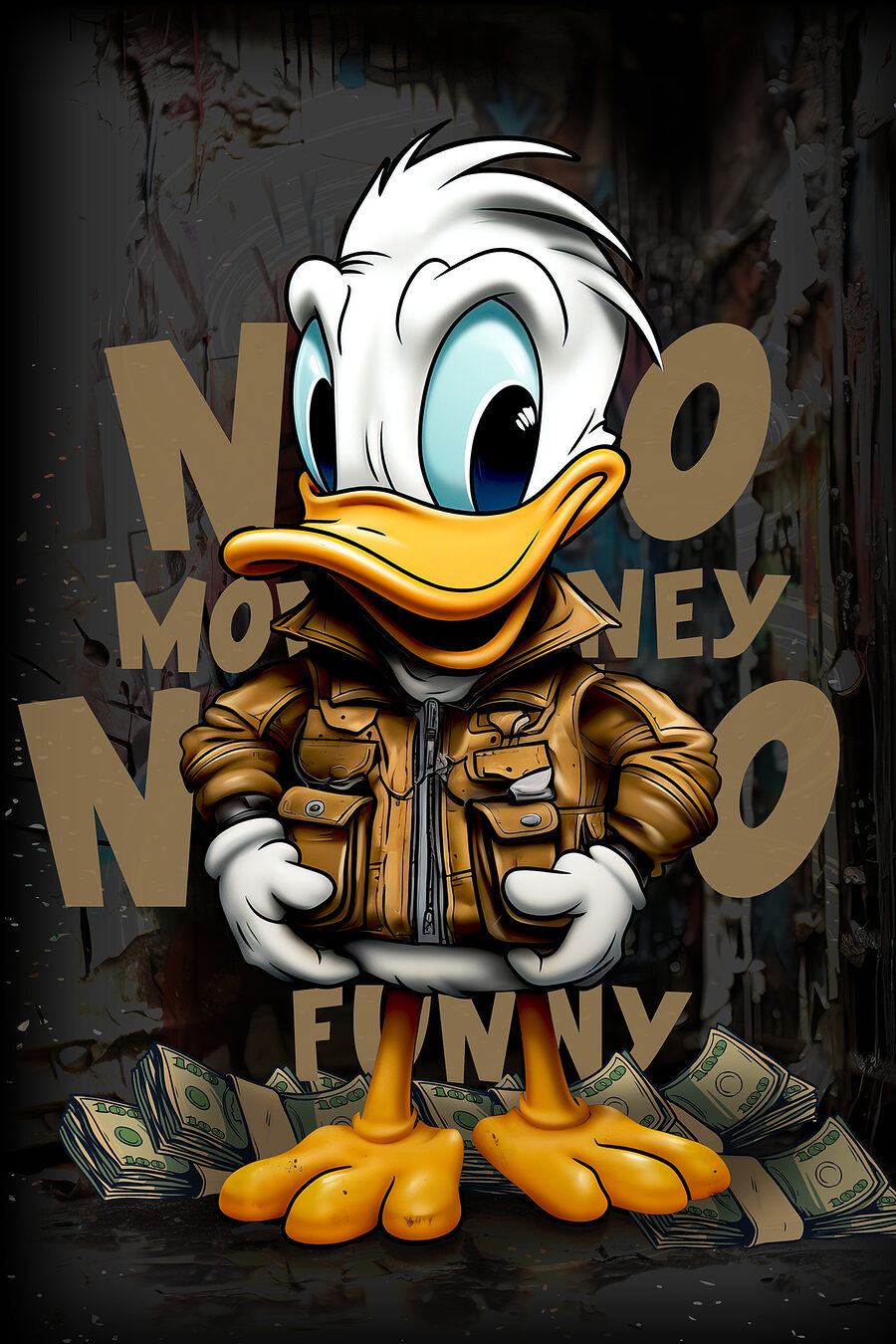 Canard de dessin animé portant une veste et tenant un paquet d'argent