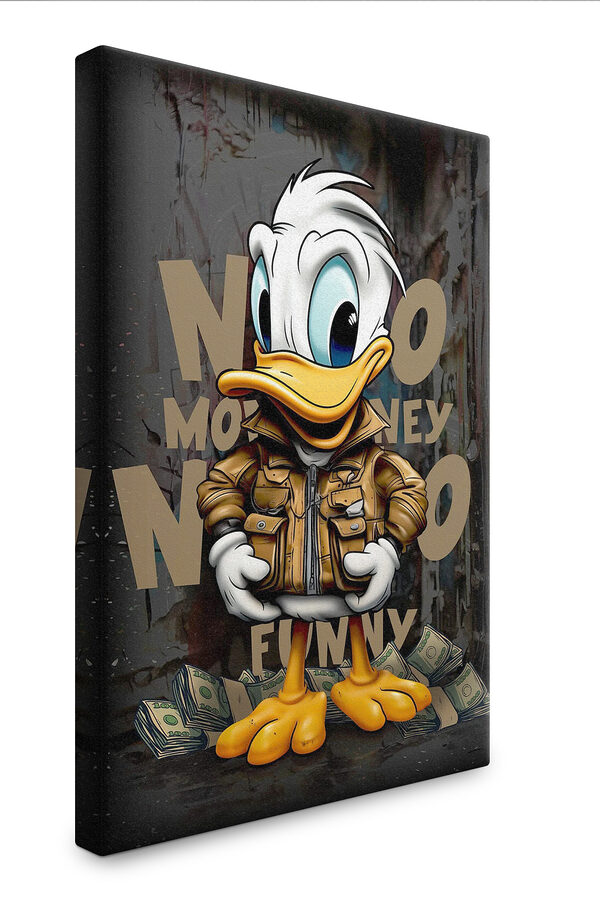Canard de dessin animé portant une veste et tenant un paquet d'argent Canard de dessin animé portant une veste et tenant un paquet d'argent