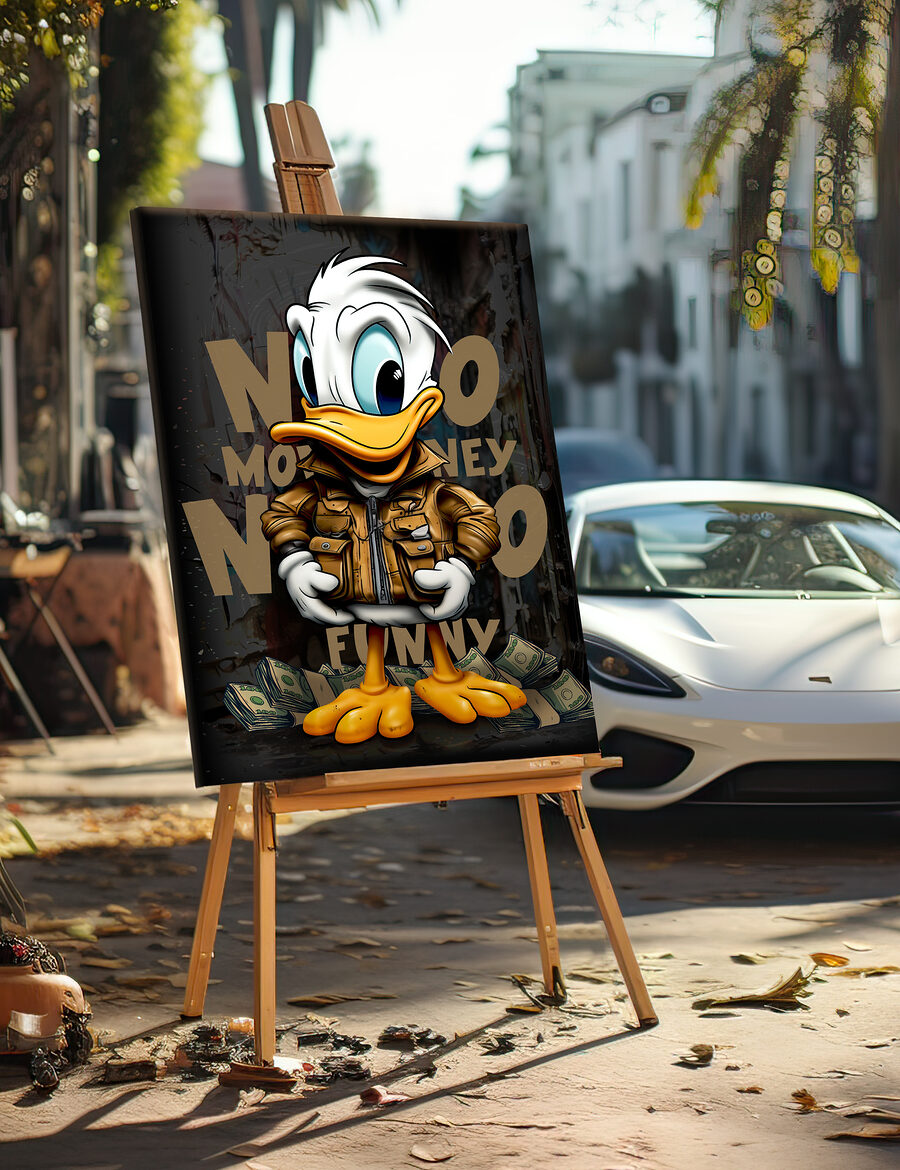 Canard de dessin animé portant une veste et tenant un paquet d'argent