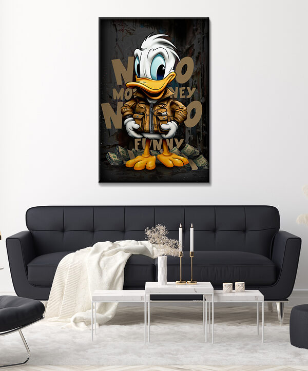 Canard de dessin animé portant une veste et tenant un paquet d'argent Canard de dessin animé portant une veste et tenant un paquet d'argent
