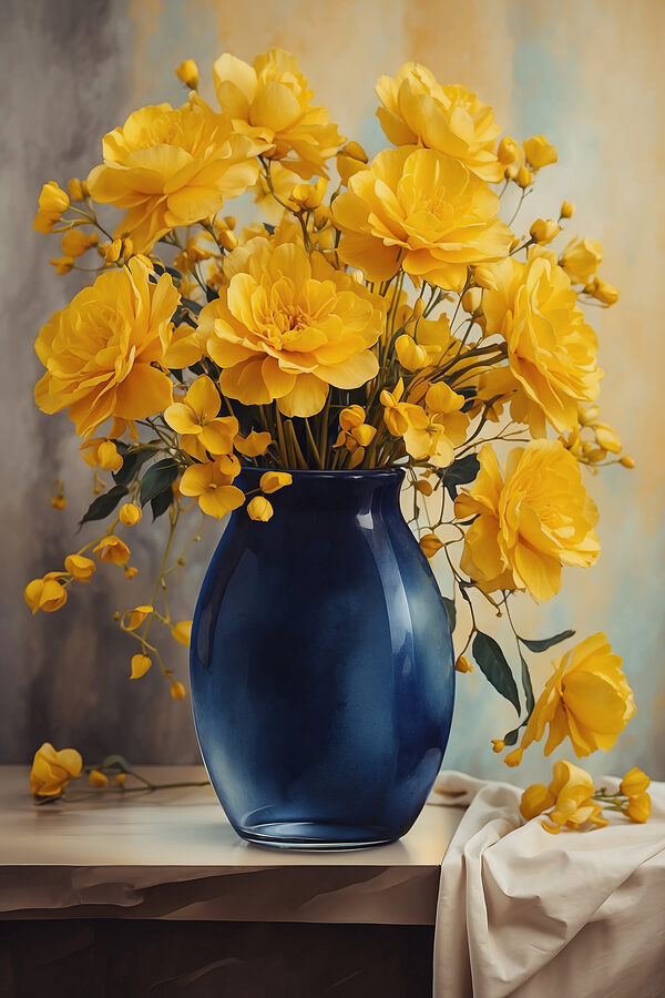 Vase bleu avec fleurs jaunes Vase bleu avec fleurs jaunes