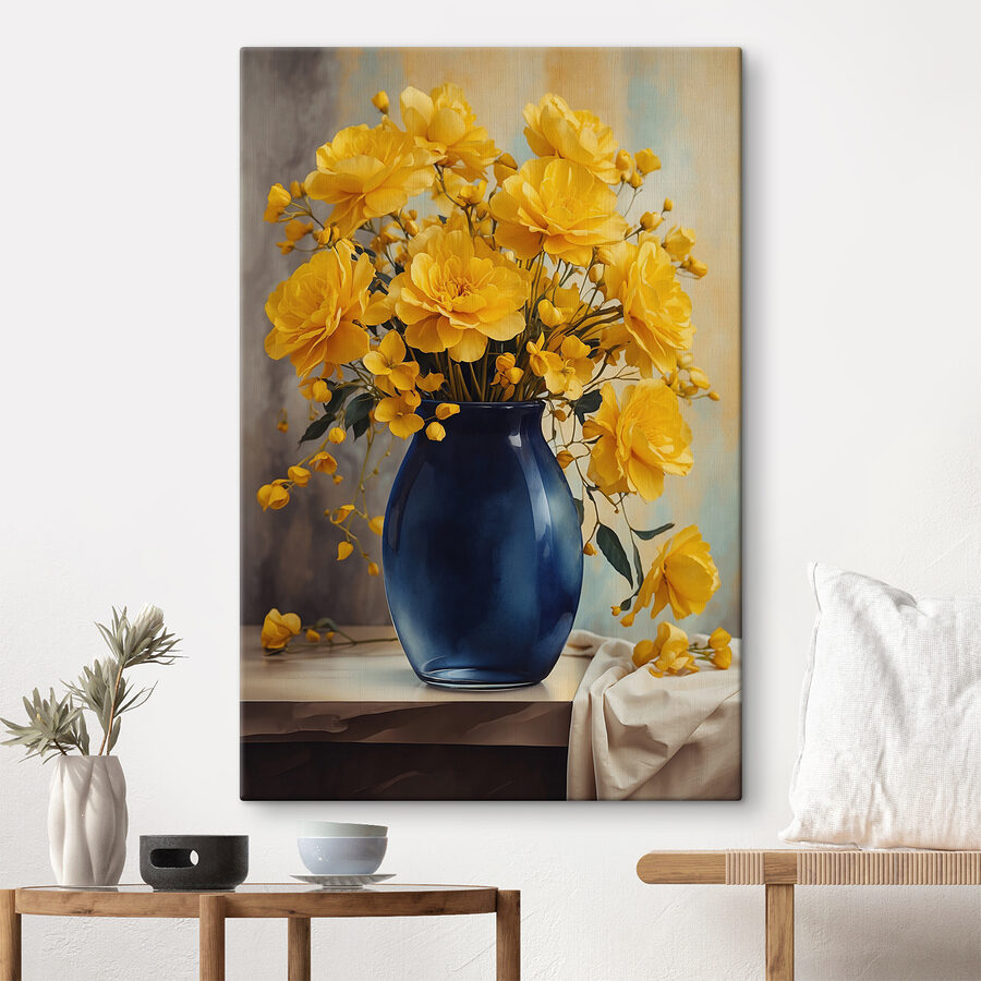Vase bleu avec fleurs jaunes