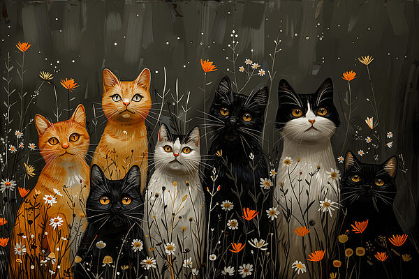 Groupe de chats dans un champ de fleurs Groupe de chats dans un champ de fleurs