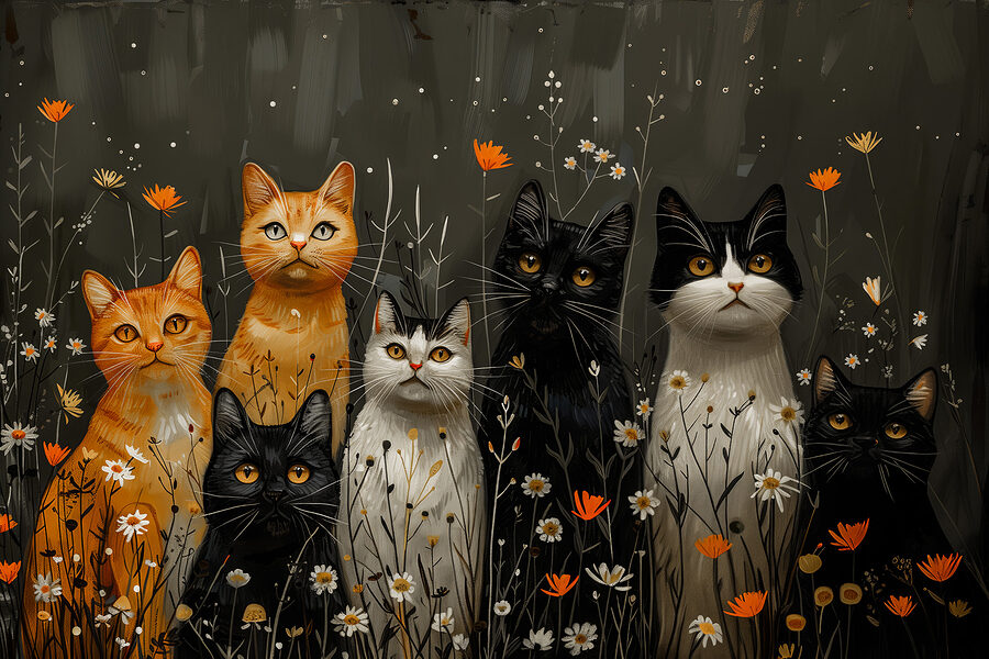 Groupe de chats dans un champ de fleurs