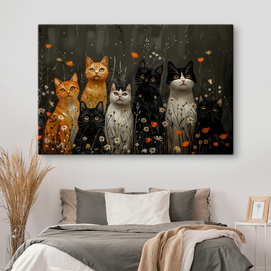 Groupe de chats dans un champ de fleurs