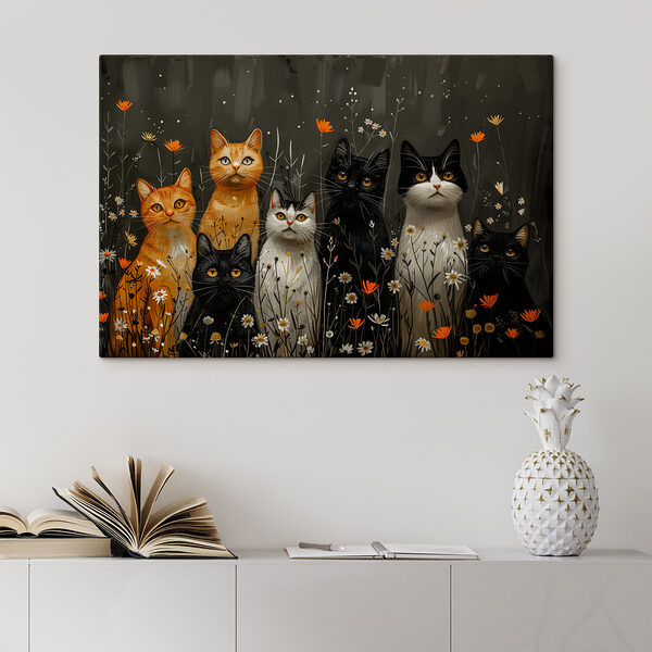 Groupe de chats dans un champ de fleurs Groupe de chats dans un champ de fleurs