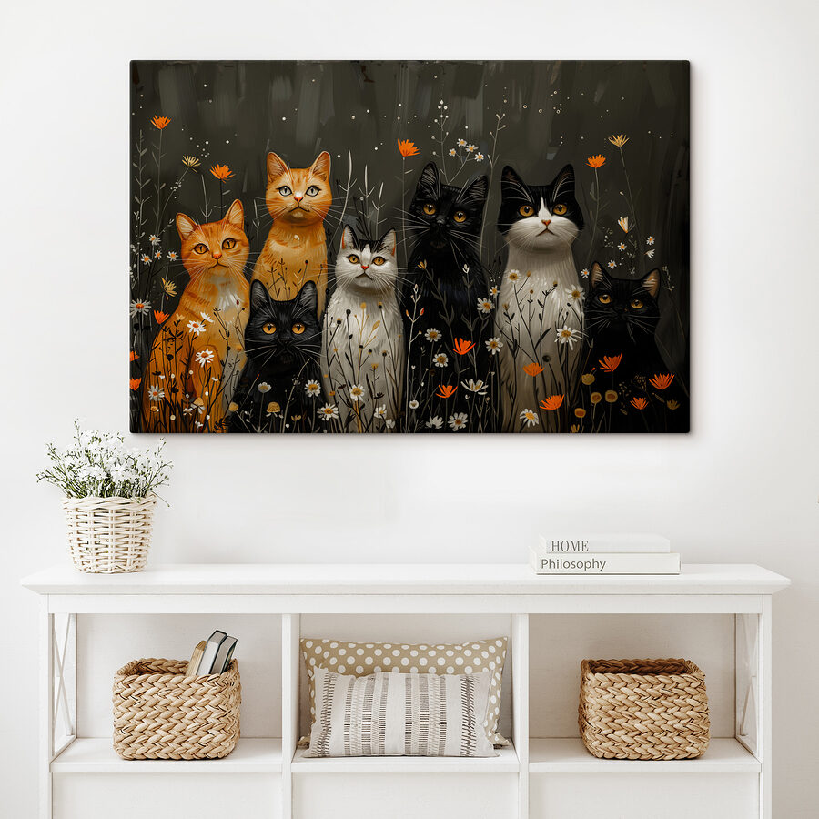 Groupe de chats dans un champ de fleurs