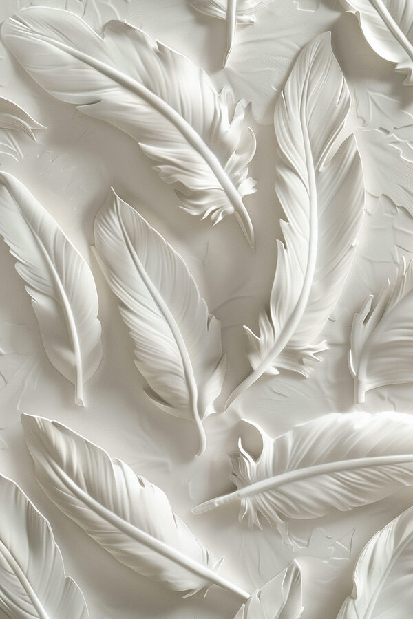 Sculpture de plumes blanches sur un mur Sculpture de plumes blanches sur un mur