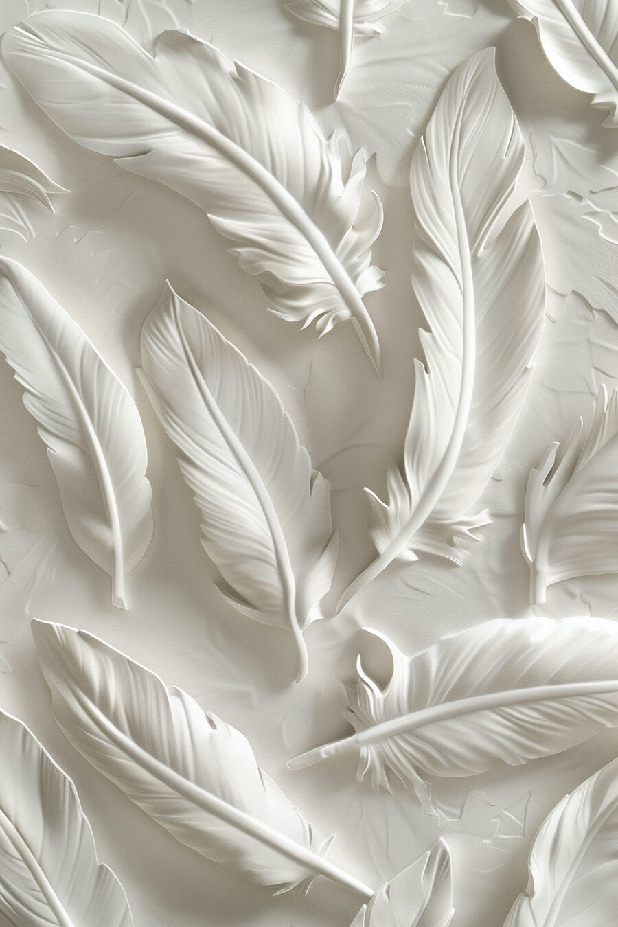 Sculpture de plumes blanches sur un mur Sculpture de plumes blanches sur un mur