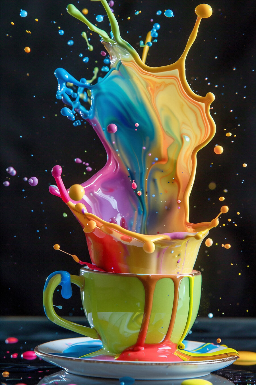 Éclaboussures colorées d'un liquide dans une tasse