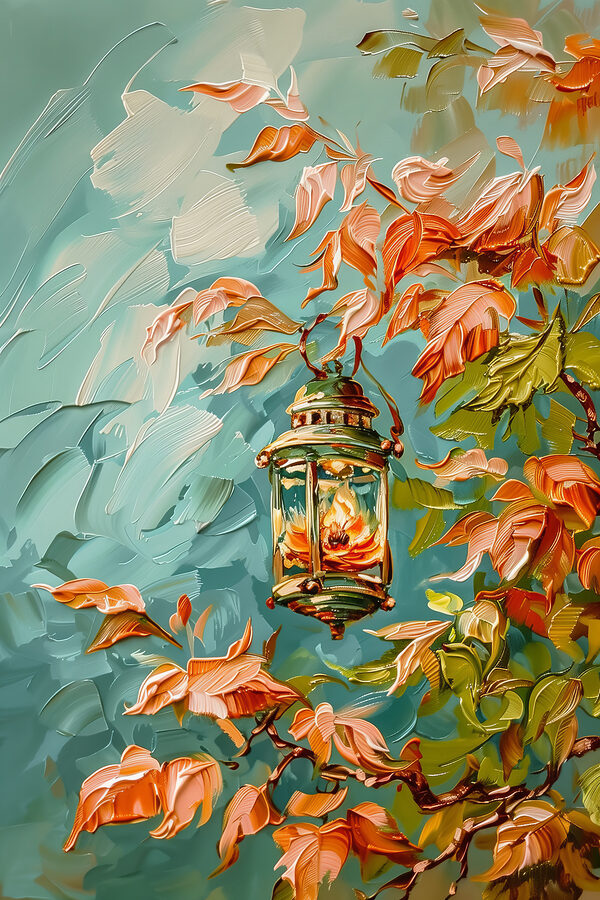 Peinture à l'huile d'une lanterne sur un arbre Peinture à l'huile d'une lanterne sur un arbre
