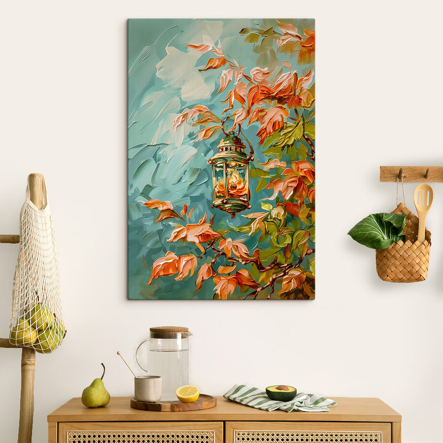 Peinture à l'huile d'une lanterne sur un arbre