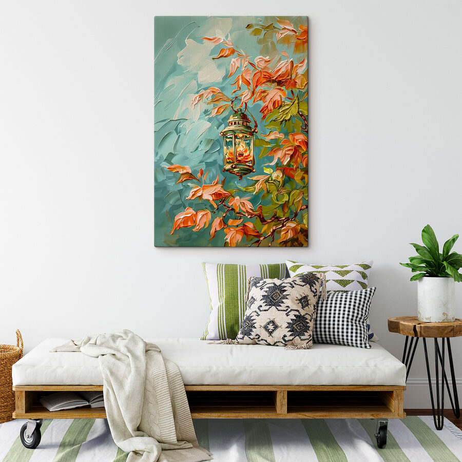 Peinture à l'huile d'une lanterne sur un arbre