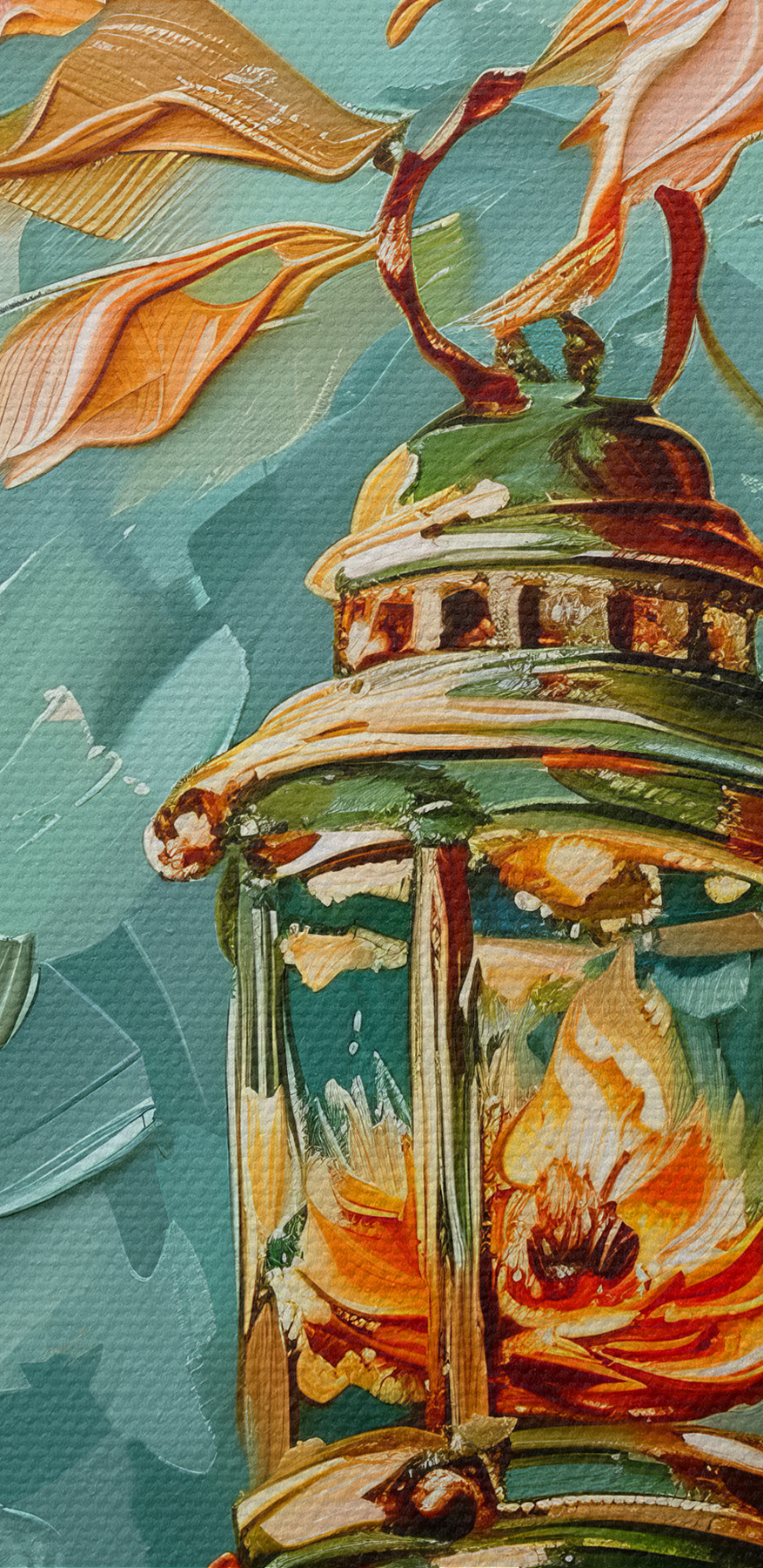 Peinture à l'huile d'une lanterne sur un arbre