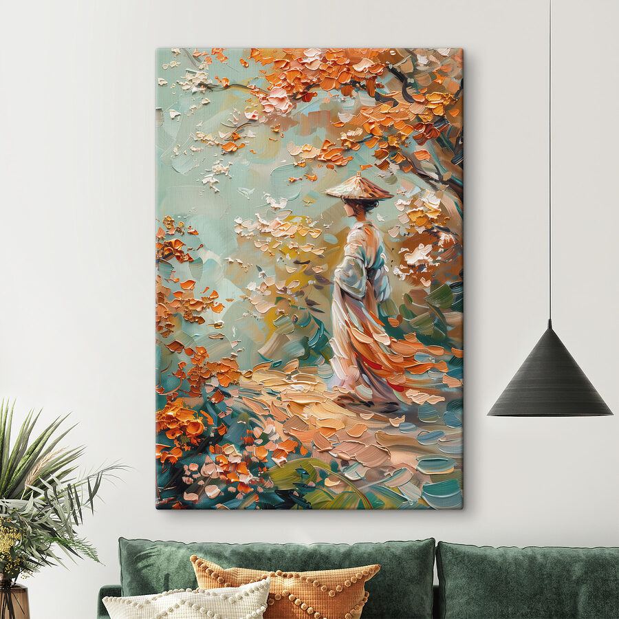 Peinture d'une femme marchant dans un parc Peinture d'une femme marchant dans un parc