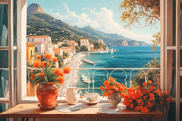 Peinture d'une plage avec vue sur une ville et des montagnes Peinture d'une plage avec vue sur une ville et des montagnes