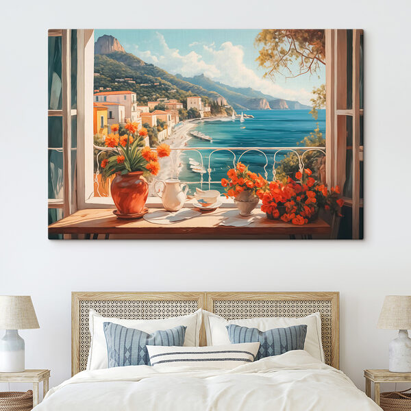 Peinture d'une plage avec vue sur une ville et des montagnes Peinture d'une plage avec vue sur une ville et des montagnes