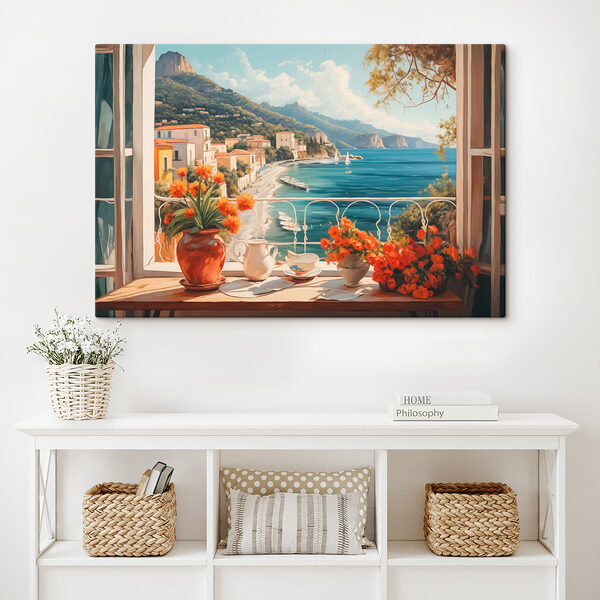 Peinture d'une plage avec vue sur une ville et des montagnes Peinture d'une plage avec vue sur une ville et des montagnes