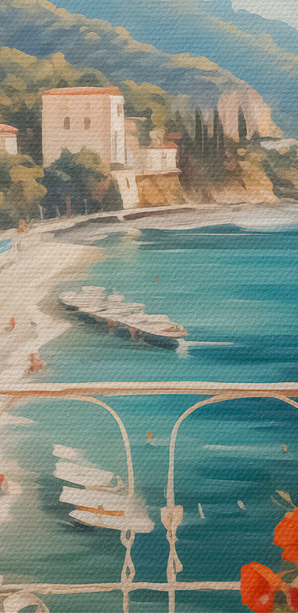 Peinture d'une plage avec vue sur une ville et des montagnes Peinture d'une plage avec vue sur une ville et des montagnes