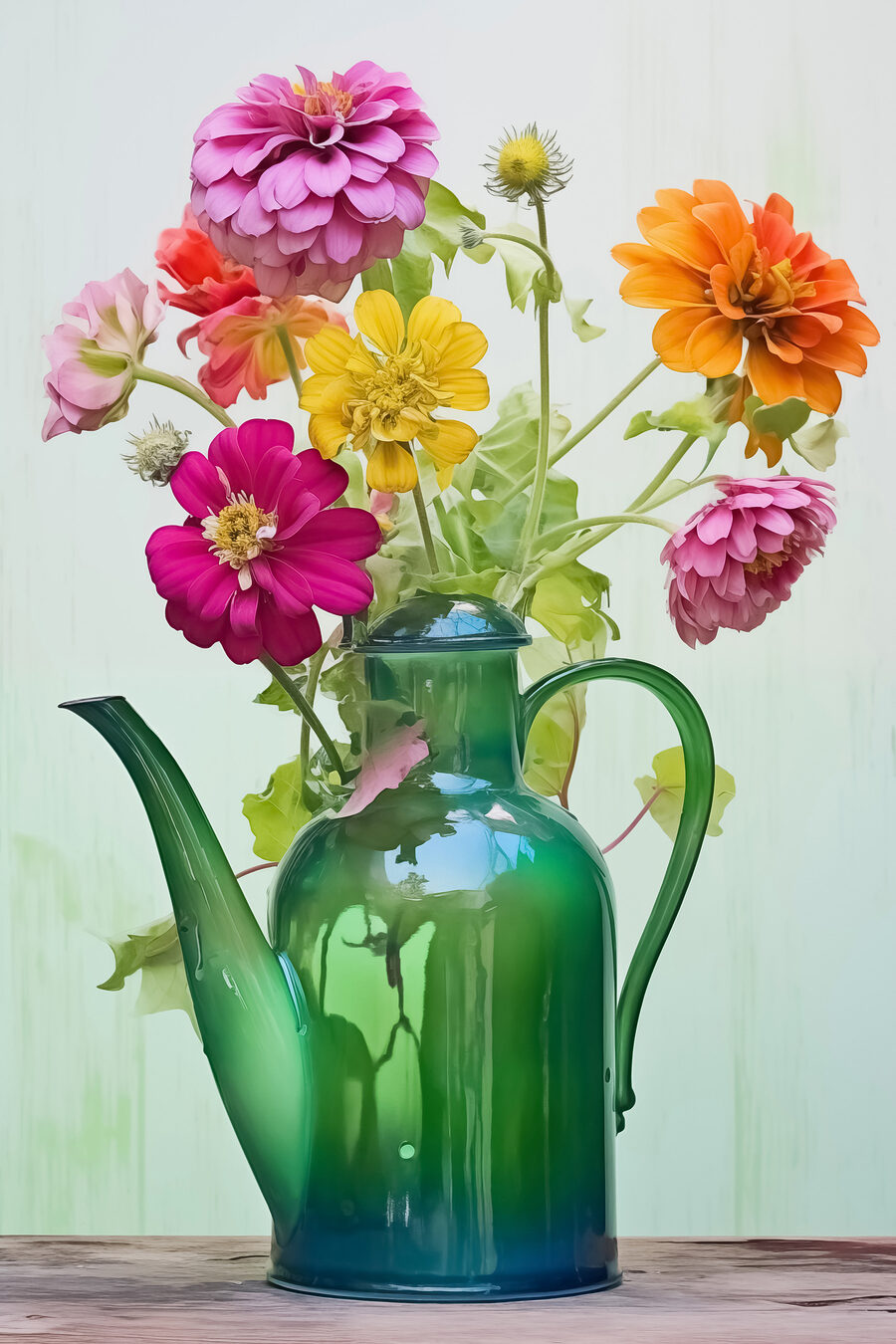 Théière verte avec fleurs colorées