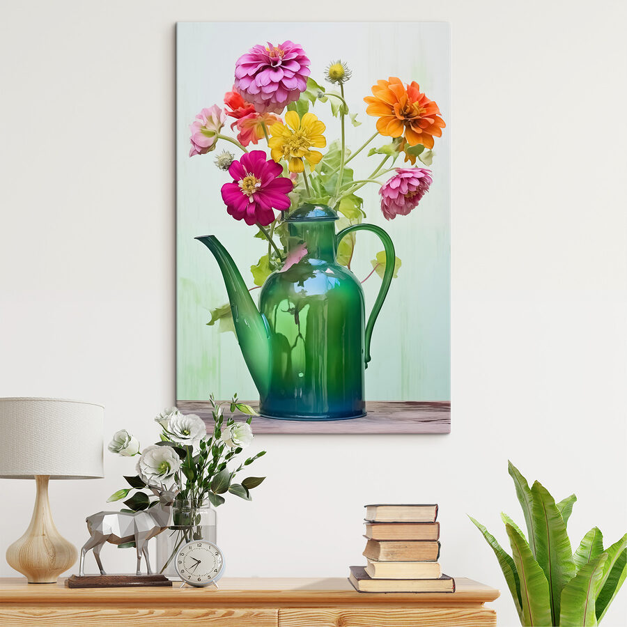 Théière verte avec fleurs colorées