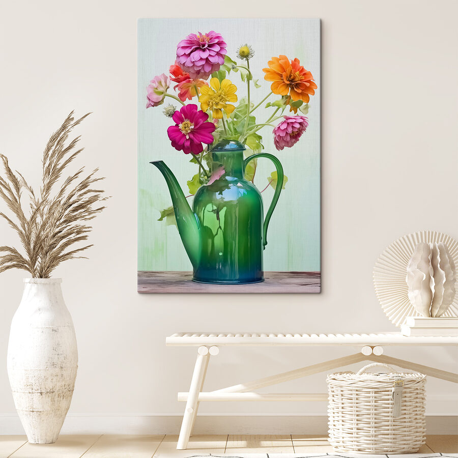 Théière verte avec fleurs colorées