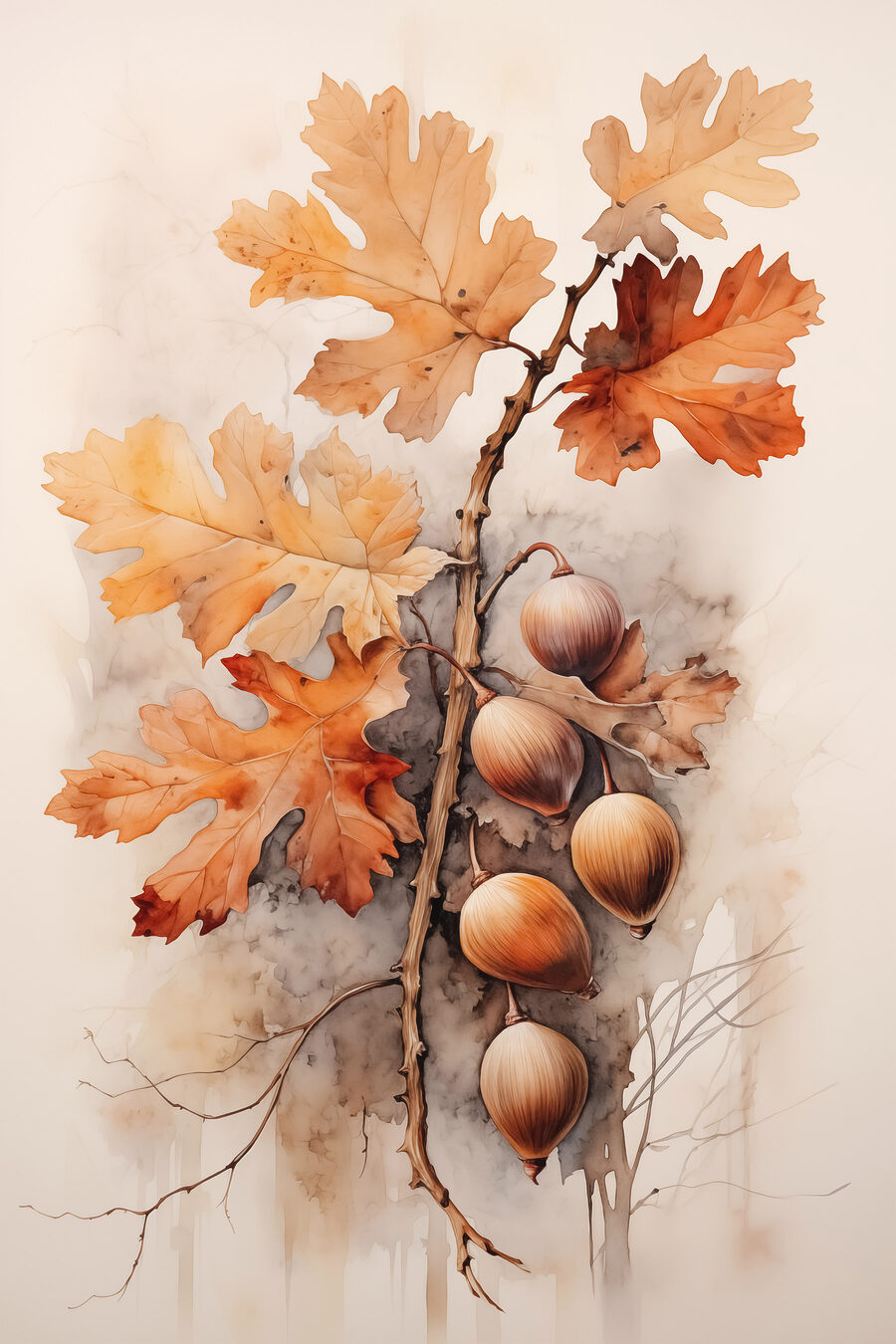 Glands et feuilles sur une branche sur fond blanc