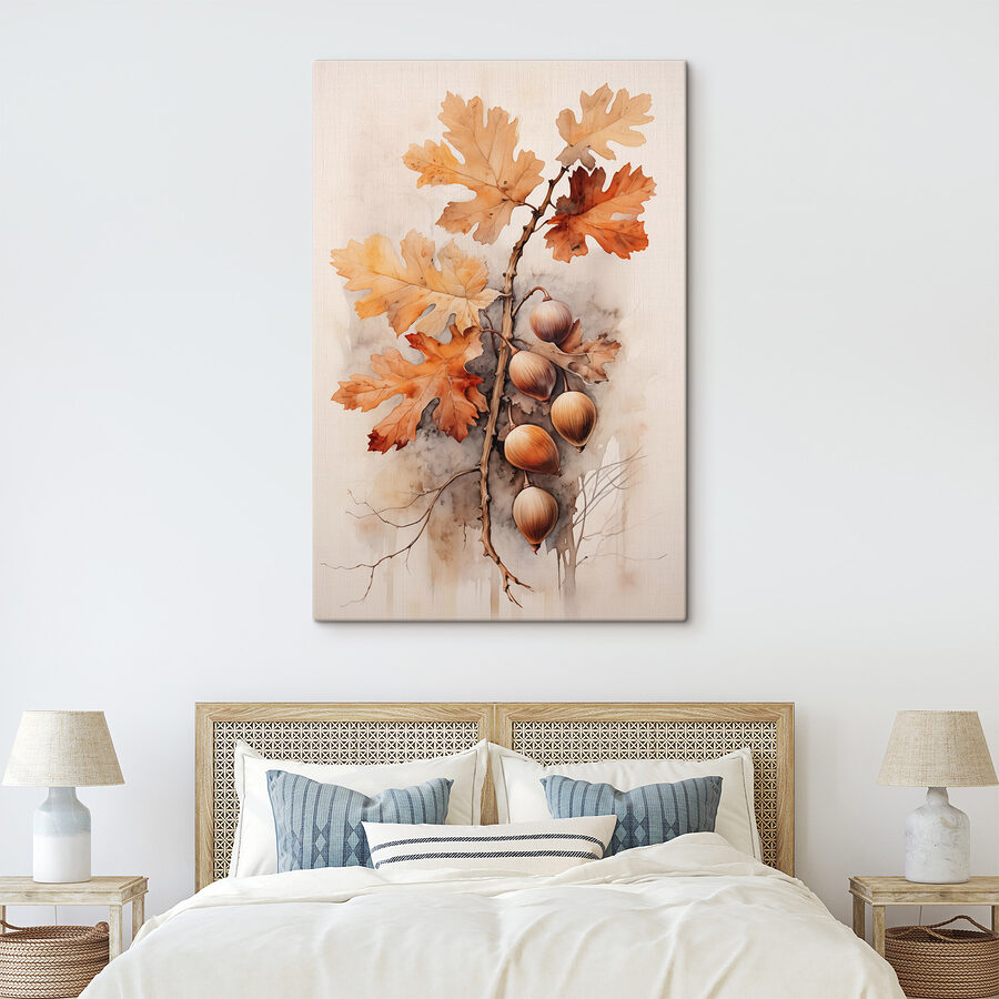 Glands et feuilles sur une branche sur fond blanc