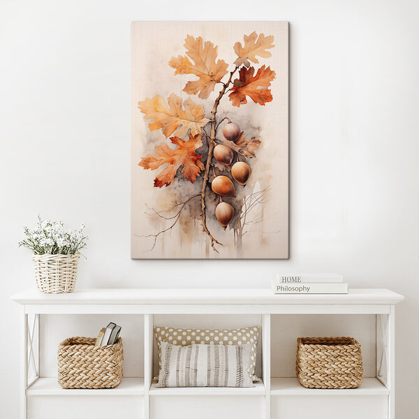 Glands et feuilles sur une branche sur fond blanc Glands et feuilles sur une branche sur fond blanc