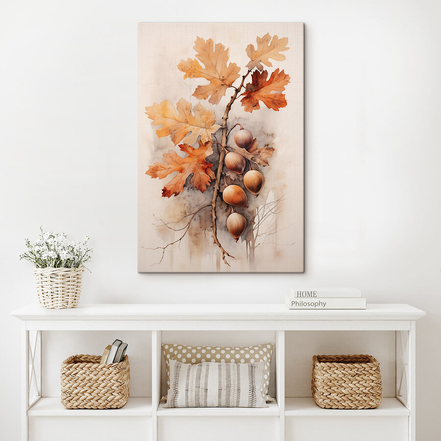 Glands et feuilles sur une branche sur fond blanc