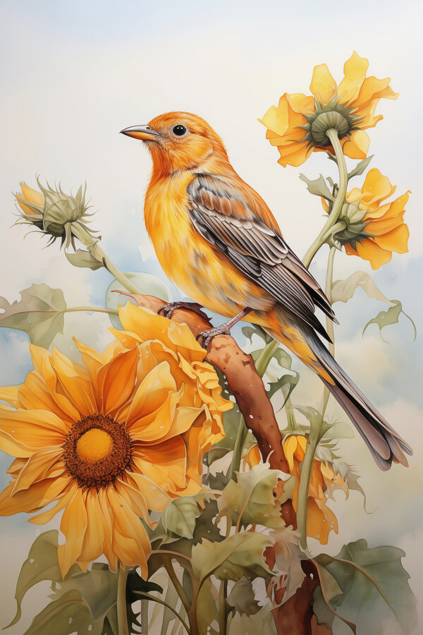 Oiseau sur une branche avec des fleurs Oiseau sur une branche avec des fleurs