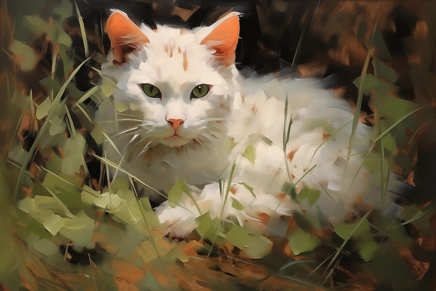 Chat blanc couché dans l'herbe