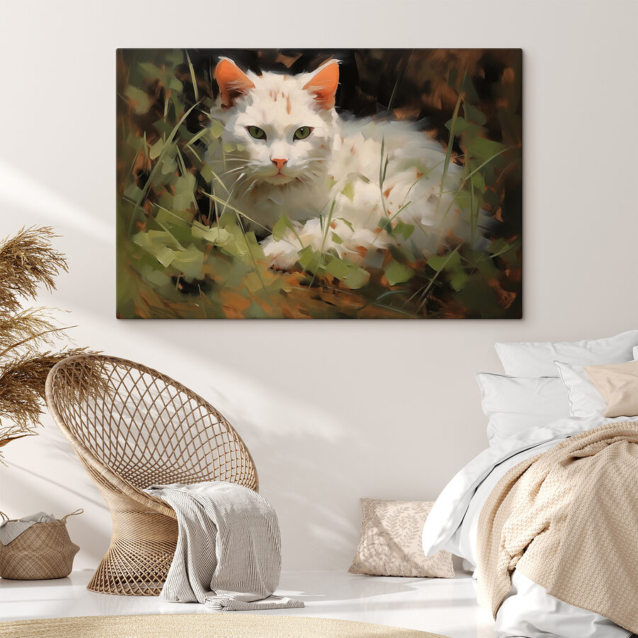 Chat blanc couché dans l'herbe