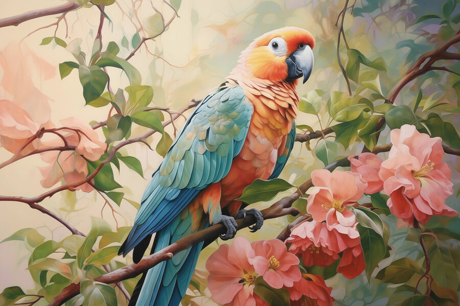 Oiseau coloré assis sur une branche avec des fleurs