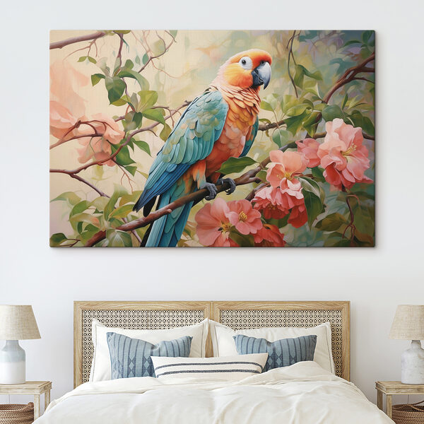 Oiseau coloré assis sur une branche avec des fleurs Oiseau coloré assis sur une branche avec des fleurs