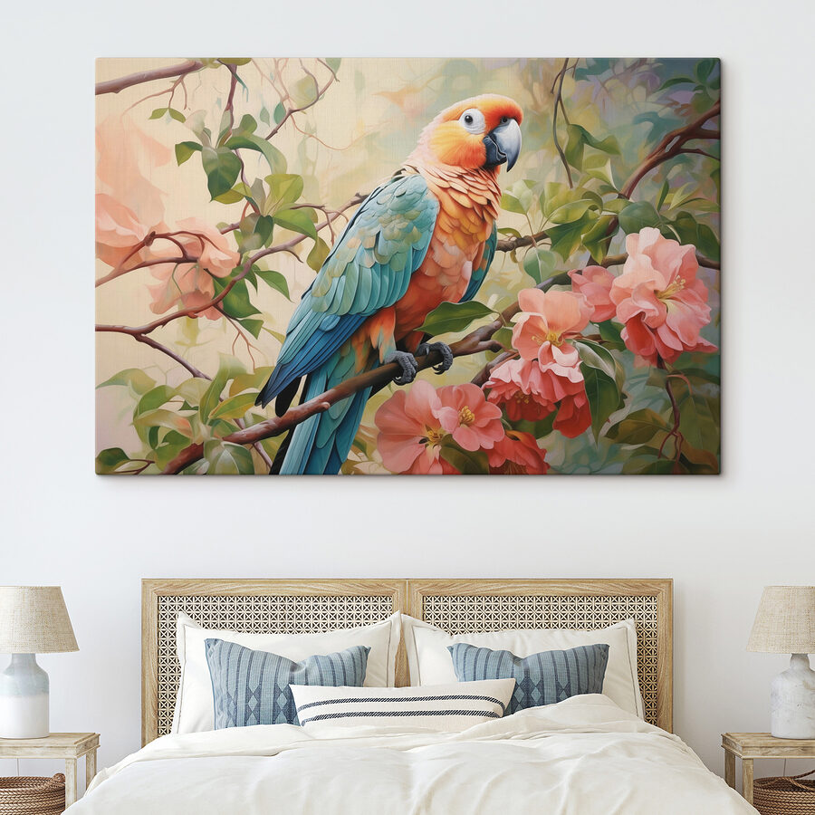 Oiseau coloré assis sur une branche avec des fleurs