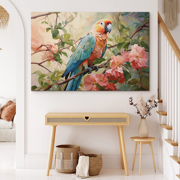 Oiseau coloré assis sur une branche avec des fleurs Oiseau coloré assis sur une branche avec des fleurs