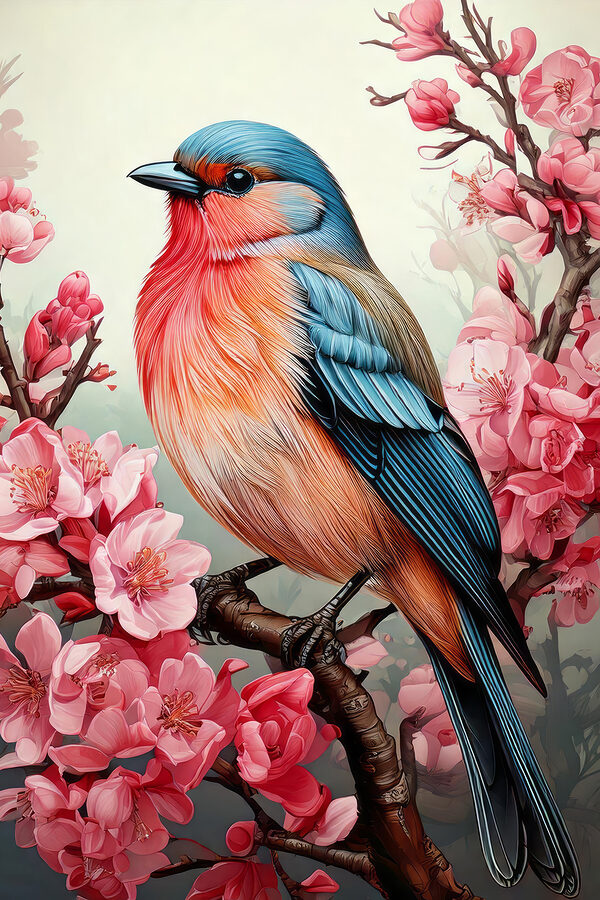 Oiseau coloré assis sur une branche avec des fleurs roses Oiseau coloré assis sur une branche avec des fleurs roses