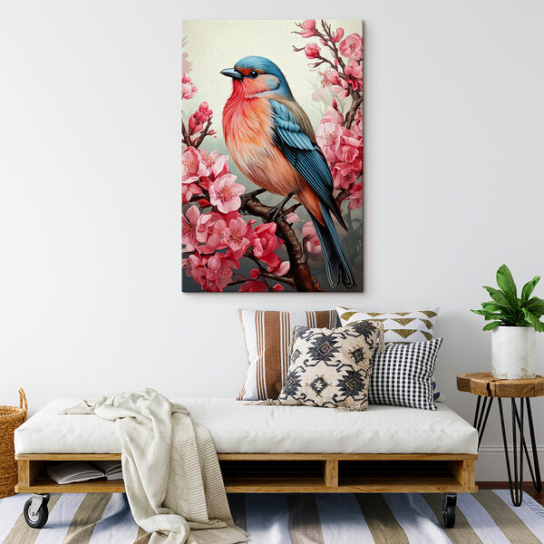 Oiseau coloré assis sur une branche avec des fleurs roses Oiseau coloré assis sur une branche avec des fleurs roses