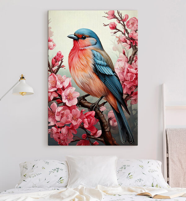 Oiseau coloré assis sur une branche avec des fleurs roses Oiseau coloré assis sur une branche avec des fleurs roses