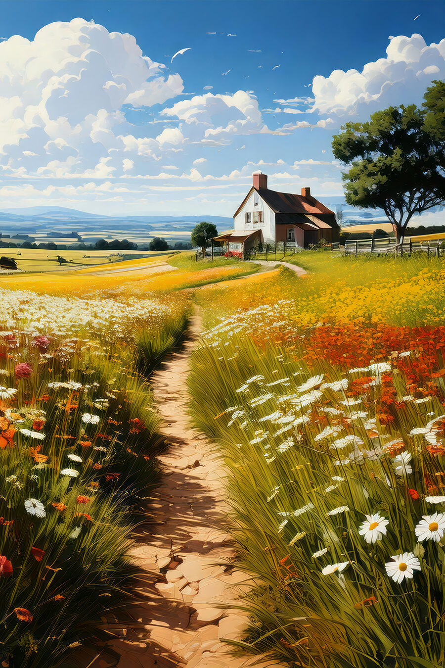 Chemin à travers un champ de fleurs