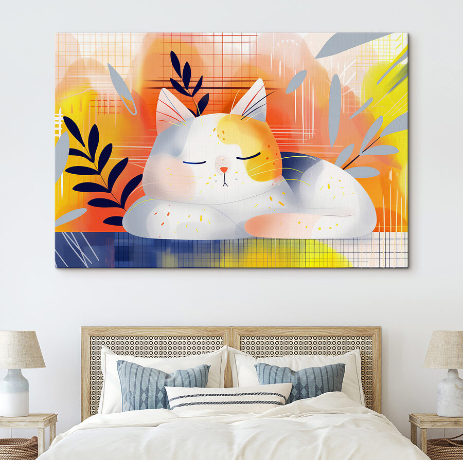 Chat dormant avec des feuilles sur la tête