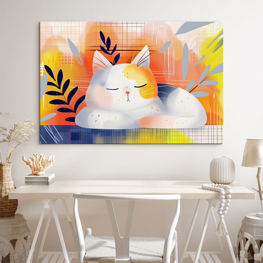 Chat dormant avec des feuilles sur la tête