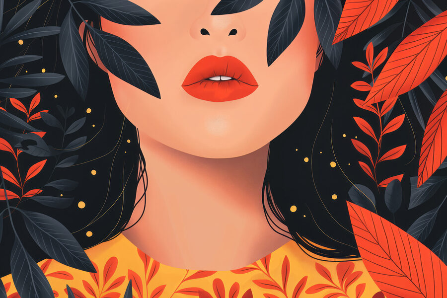 Femme aux lèvres rouges et aux feuilles noires