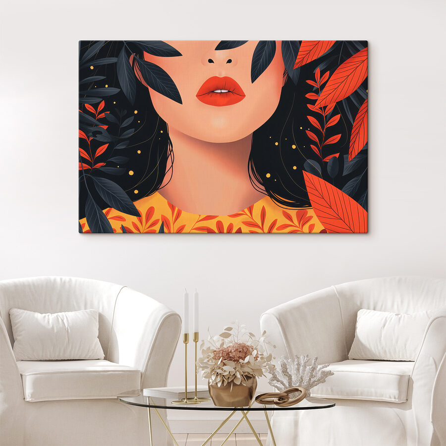 Femme aux lèvres rouges et aux feuilles noires