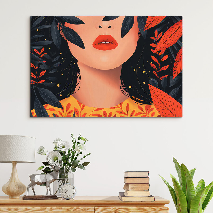 Femme aux lèvres rouges et aux feuilles noires